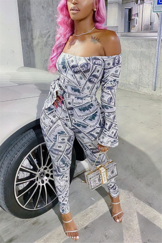 Gray Fashion Sexy Long Sleeve Bateau Neck Off The Shoulder Regular Print Two Pieces