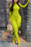 Fluorescent green Work Daily Solid Chains O Neck Skinny Jumpsuits