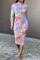 Fuchsia Fashion Casual Regular Sleeve Long Sleeve Half A Turtleneck Printed Dress Mid Calf Print Tie Dye Dresses