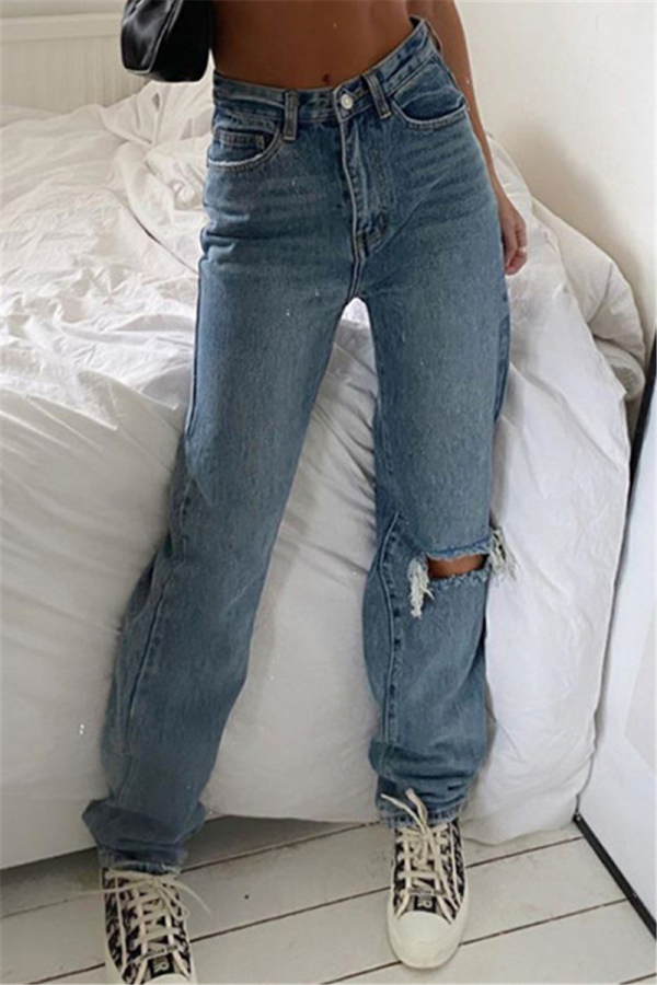 Blue Fashion Casual Straight Solid Broken Hole Jeans