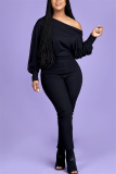 Black Fashion Casual Oblique Collar Long Sleeve Regular Sleeve Solid Plus Size Jumpsuit