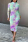 fuchsia Sexy Daily Patchwork Print Patchwork Tie-dye Half A Turtleneck Long Sleeve Mid Calf A Line Dresses