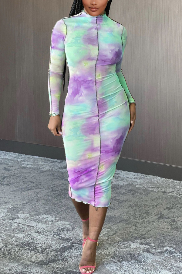 Purple and green Sexy Daily Patchwork Print Patchwork Tie-dye Half A Turtleneck Long Sleeve Mid Calf A Line Dresses