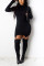 Black Fashion Daily Adult Cotton Solid Split Joint O Neck Knee Length Long Sleeve Dress