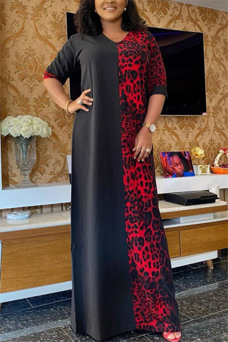 Red Fashion Casual V Neck Half Sleeve Regular Sleeve Patchwork Print Plus Size Dress
