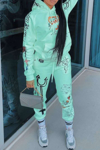Fruit Green Fashion Casual Long Sleeve Hooded Collar Regular Sleeve Regular Print Two Pieces
