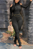 Black Work Daily Solid Chains O Neck Skinny Jumpsuits