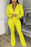 Yellow Fashion Casual Long Sleeve Turndown Collar Regular Sleeve Regular Solid Two Pieces