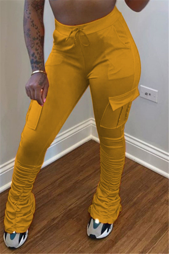 Yellow venetian Elastic Fly Mid Solid Pocket pencil Pants Bottoms