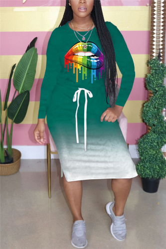 Dark green Fashion Casual Adult Gradual Change Patchwork Print Patchwork Draw String O Neck Long Sleeve Knee Length Printed Dress Dresses