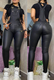 Black Fashion Sexy Adult Faux Leather Solid Patchwork Spaghetti Strap Skinny Jumpsuits