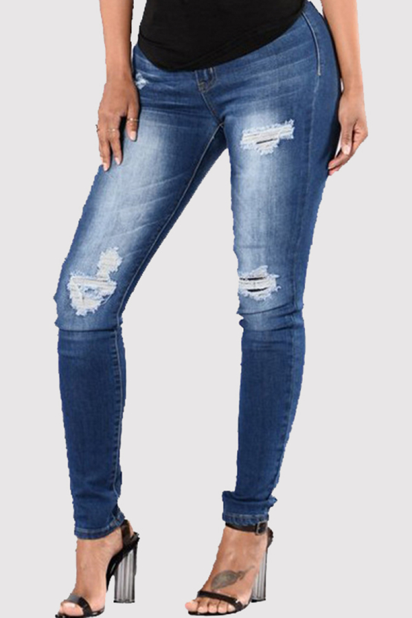 Deep Blue Fashion Casual Skinny Solid Broken Hole Jeans