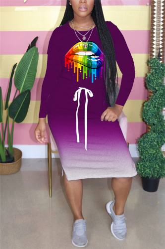 purple Fashion Casual Adult Gradual Change Patchwork Print Patchwork Draw String O Neck Long Sleeve Knee Length Printed Dress Dresses