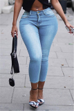 Baby Blue Street Denim Solid Ripped Pocket Buttons Pants Plus Size