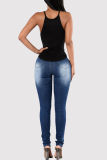 Deep Blue Fashion Casual Skinny Solid Broken Hole Jeans