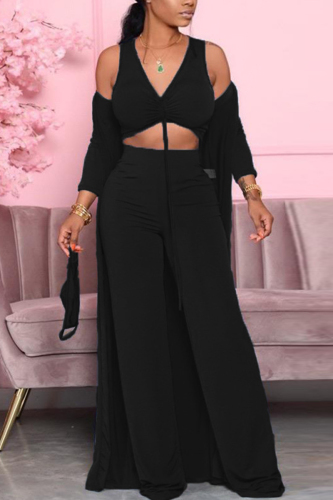 Black Casual Solid Fold Long Sleeve Two Pieces