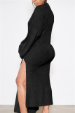 Black Fashion Casual Adult Solid High Opening O Neck Long Sleeve Ankle Length Long Sleeve Dress Dresses