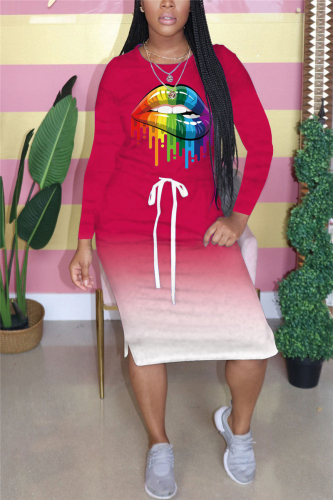 rose red Fashion Casual Adult Gradual Change Patchwork Print Patchwork Draw String O Neck Long Sleeve Knee Length Printed Dress Dresses