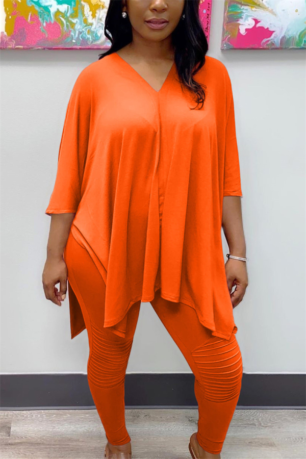 Orange Fashion Sportswear Adult Milk Fiber Solid Slit V Neck Three Quarter Cap Sleeve Regular Two Pieces