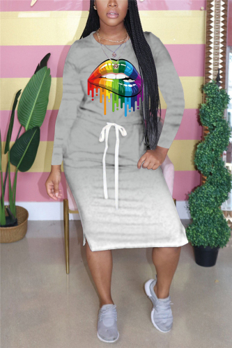 Grey Fashion Casual Adult Gradual Change Patchwork Print Patchwork Draw String O Neck Long Sleeve Knee Length Printed Dress Dresses