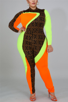 Colorful Fashion Casual Turtleneck Long Sleeve Regular Sleeve Patchwork Print Plus Size Jumpsuit