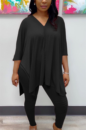 Black Fashion Sportswear Adult Milk Fiber Solid Slit V Neck Three Quarter Cap Sleeve Regular Two Pieces