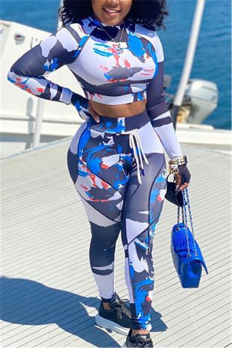 Blue Sexy Adult Twilled Satin Print Tie-dye O Neck Long Sleeve Regular Sleeve Short Two Pieces