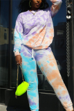 Yellow Casual Sportswear Spandex Blends Print Tie-dye Pullovers Pants Basic O Neck Long Sleeve Regular Sleeve Regular Two Pieces