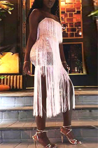 White Fashion Sexy Spaghetti Strap Sleeveless Off The Shoulder Patchwork Plus Size Dress