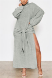 Grey Fashion Casual Adult Solid High Opening O Neck Long Sleeve Ankle Length Long Sleeve Dress Dresses