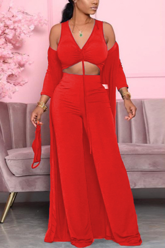 Red Casual Solid Fold Long Sleeve Two Pieces