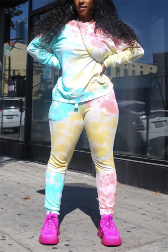 Yellow Casual Sportswear Spandex Blends Print Tie-dye Pullovers Pants Basic O Neck Long Sleeve Regular Sleeve Regular Two Pieces