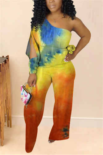 Orange Fashion Street Adult Milk Fiber Tie Dye Tie-dye One Shoulder Loose Jumpsuits