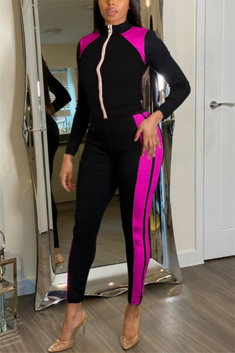 rose red Casual Sportswear Spandex Blends Geometric Patchwork Patchwork Zipper Collar Long Sleeve Regular Sleeve Regular Two Pieces
