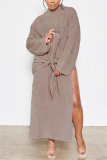 Brown Fashion Casual Adult Solid High Opening O Neck Long Sleeve Ankle Length Long Sleeve Dress Dresses