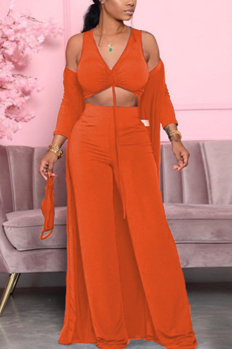 Orange Casual Solid Fold Long Sleeve Two Pieces