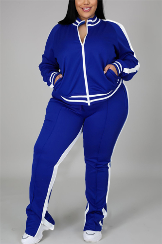 Blue Fashion Casual Sportswear Zipper Collar Long Sleeve Regular Sleeve Patchwork Plus Size Set