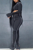 Black Fashion Sexy Adult Solid Patchwork Turtleneck Long Sleeve One Shoulder Regular Two Pieces
