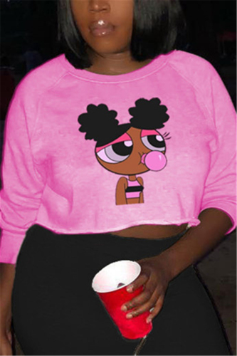 Pink Fashion Casual Adult Print Pullovers O Neck Tops