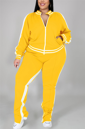 Yellow Fashion Casual Sportswear Zipper Collar Long Sleeve Regular Sleeve Patchwork Plus Size Set