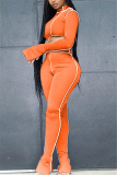 Orange Fashion Sexy Adult Solid Patchwork Turtleneck Long Sleeve One Shoulder Regular Two Pieces