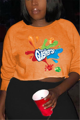 Orange Fashion Casual Adult Print Pullovers O Neck Tops