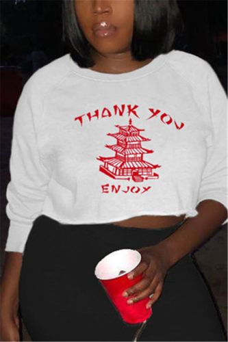 White Fashion Casual Adult Print Pullovers O Neck Tops