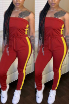 Red Fashion Sexy Strapless Sleeveless Off The Shoulder Skinny Patchwork Jumpsuits