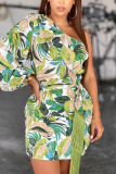 Green Fashion Sexy Single Sleeve Long Sleeve Oblique Collar Mini Print Dresses