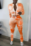 Orange Casual Sportswear Print Tie-dye Pants Zipper Collar Long Sleeve Regular Sleeve Short Two Pieces