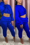 Blue Fashion Sexy Adult Solid Patchwork O Neck Long Sleeve Regular Sleeve Short Two Pieces