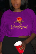 Purple Fashion Casual O Neck Long Sleeve Regular Sleeve Short Print Tops