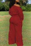 Wine Red Fashion Casual Adult Solid Draw String One Shoulder Loose Jumpsuits