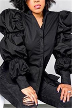 Black Fashion Casual Shirt Collar Long Sleeve Hubble-Bubble Sleeve Regular Solid Tops